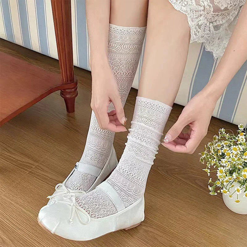 Lace Trimmed Polyester Elastane Casual Mid Tube Socks - 6