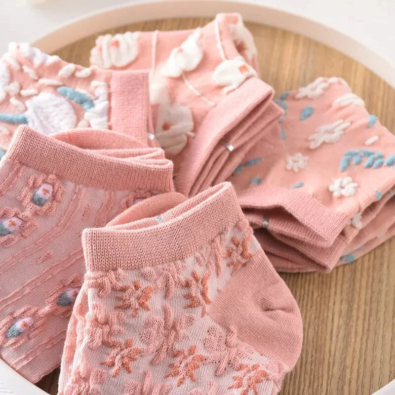 Floral Polyester Low Cut Ankle Socks For Women 5 Pairs - 4