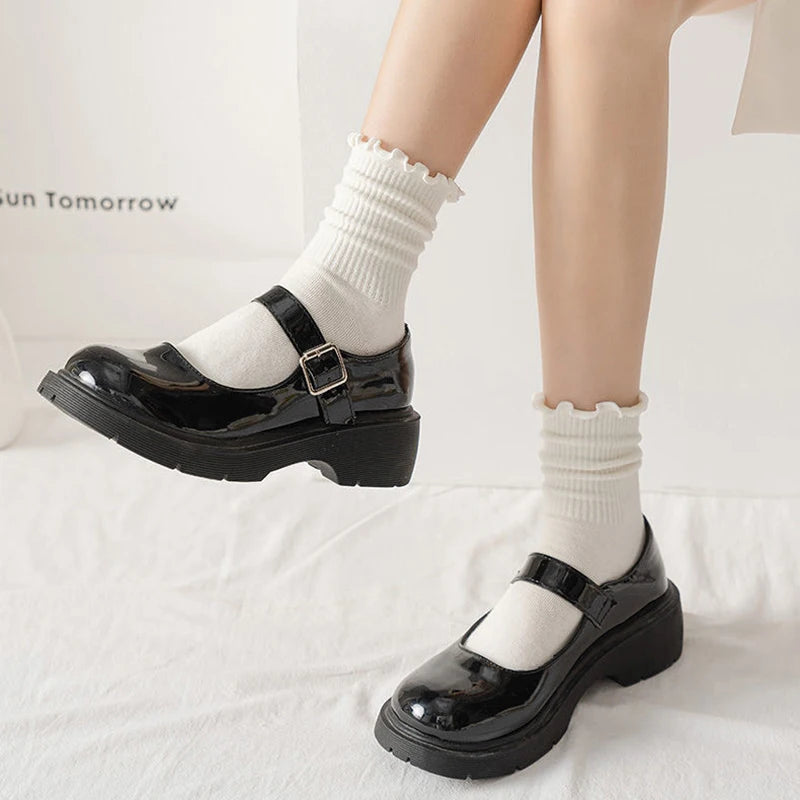 Polyester Elastane Ruffle Trim Mid Tube Socks for Women
