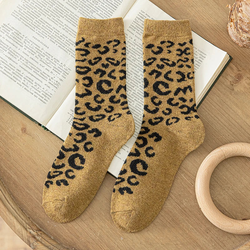Leopard Print Wool Mid Calf Socks