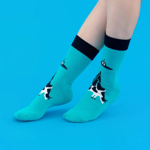 Cotton Blend Alien and Cow Pattern Mid Calf Socks