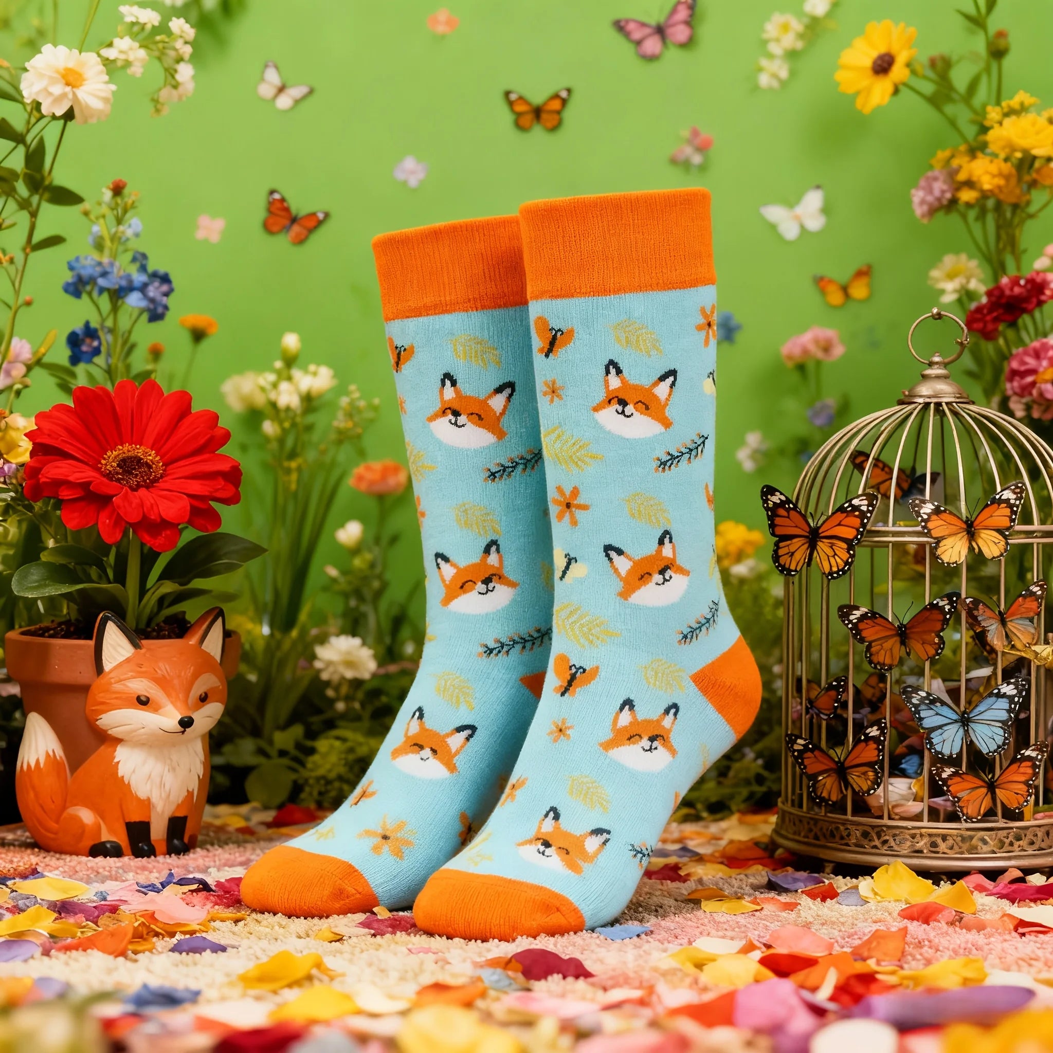 Cotton Blend Fox Print Mid Calf Socks