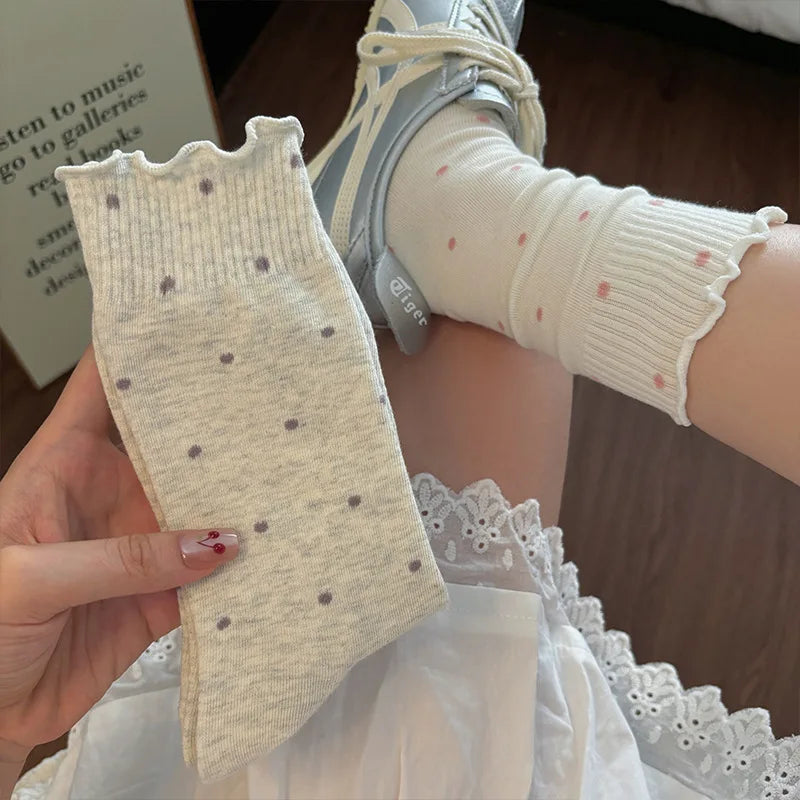 Polyester Spandex Polka Dot Mid Tube Casual Socks