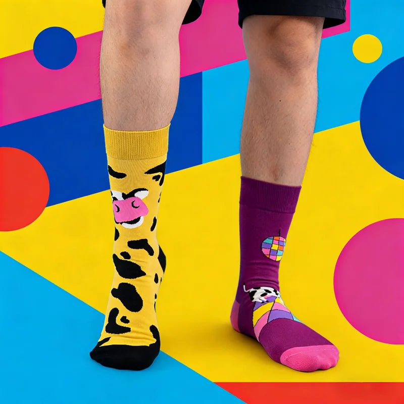 Cotton Blend Cartoon Cow Print Crew Socks