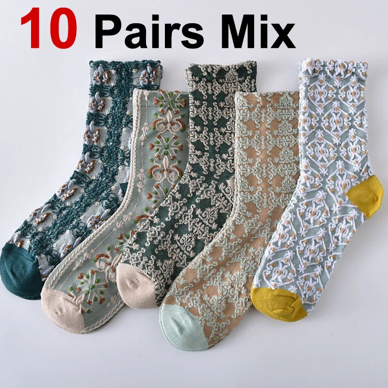 Cotton Blend Floral Mid Tube Socks