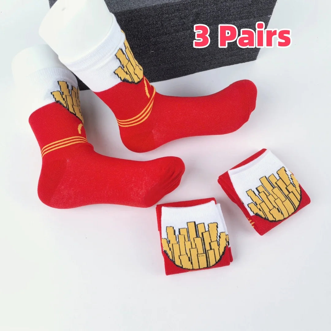 Polyester Elastane French Fries Print Unisex Mid Calf Socks 3 Pack - 1