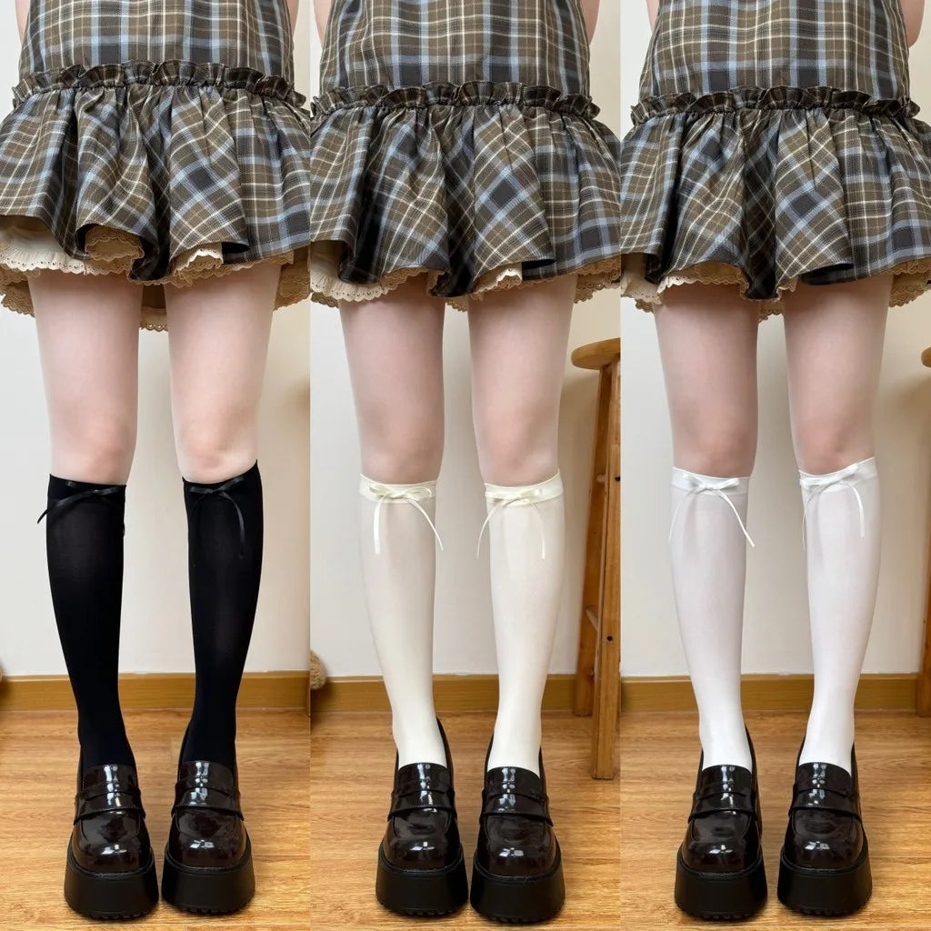 Nylon Polyester Ribbon Bow Thigh High Stockings - 6