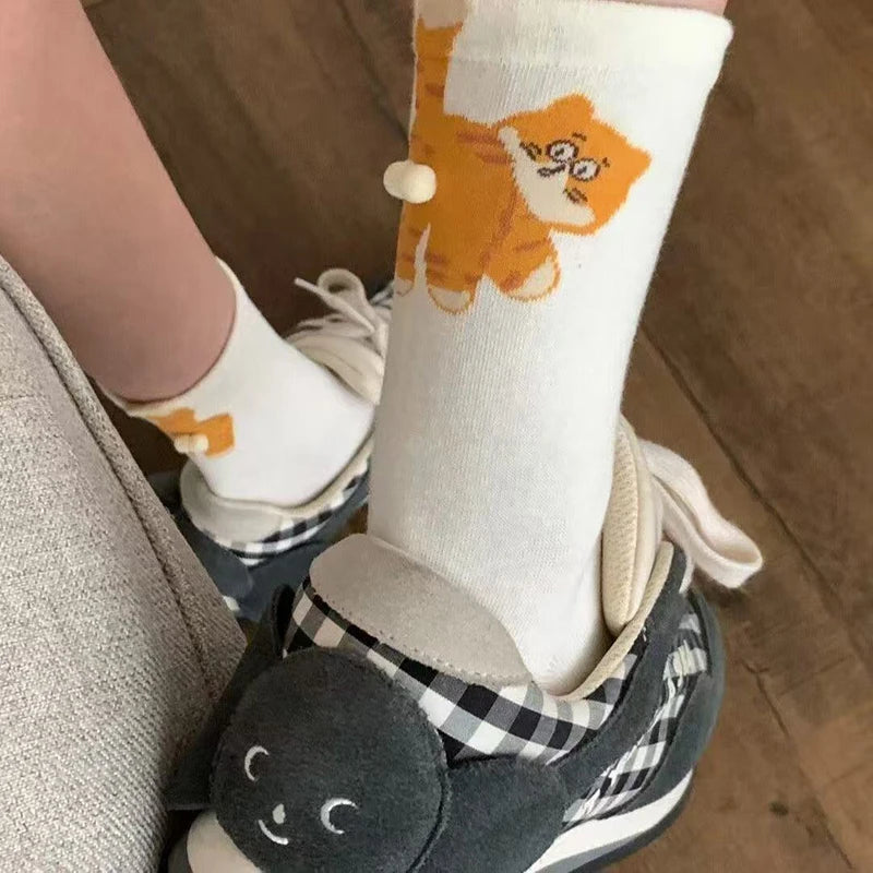 Polyester Elastane Kitten Pattern Mid Tube Socks