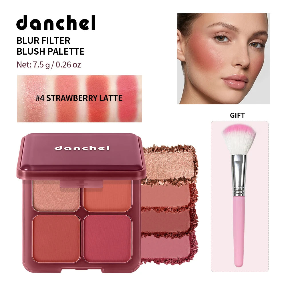 4 Color Matte Powder Blush Palette with Makeup Brush