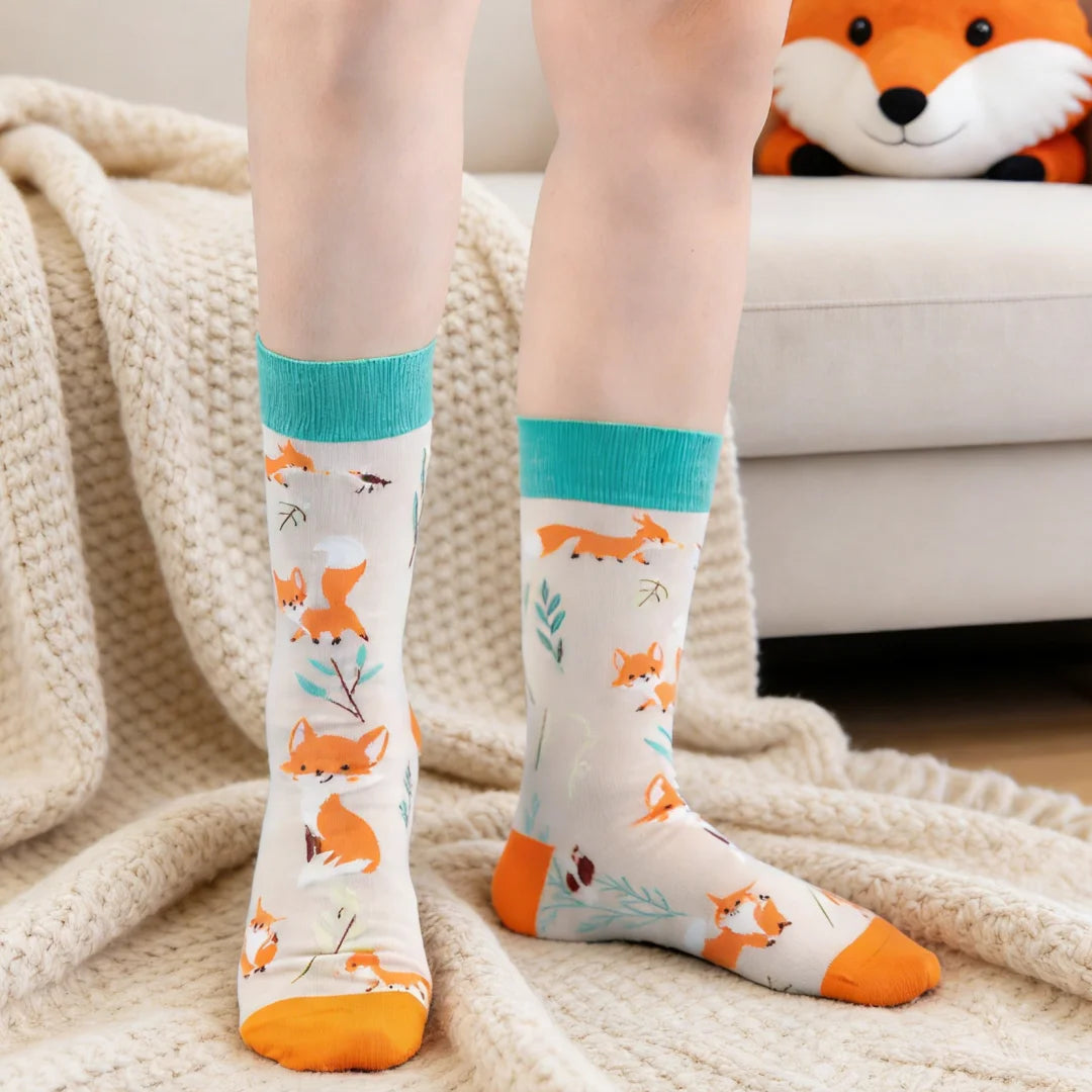 Cotton Blend Mid Calf Fox Print Socks - 3
