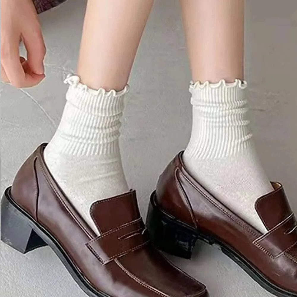 Ruffled Polyester Blend Mid Length Womens Socks 6 Pair Set