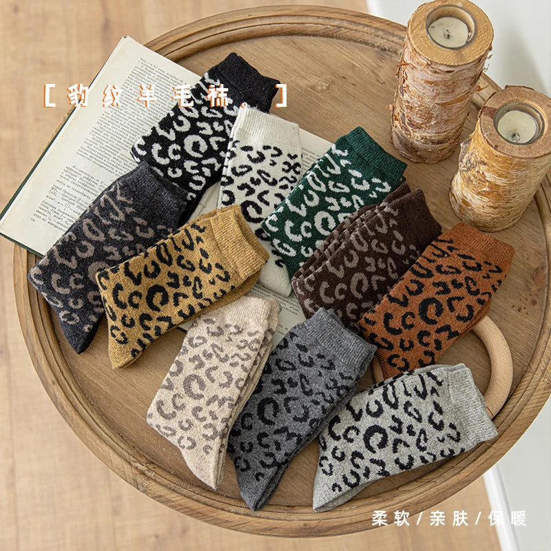 Leopard Print Wool Mid Calf Socks