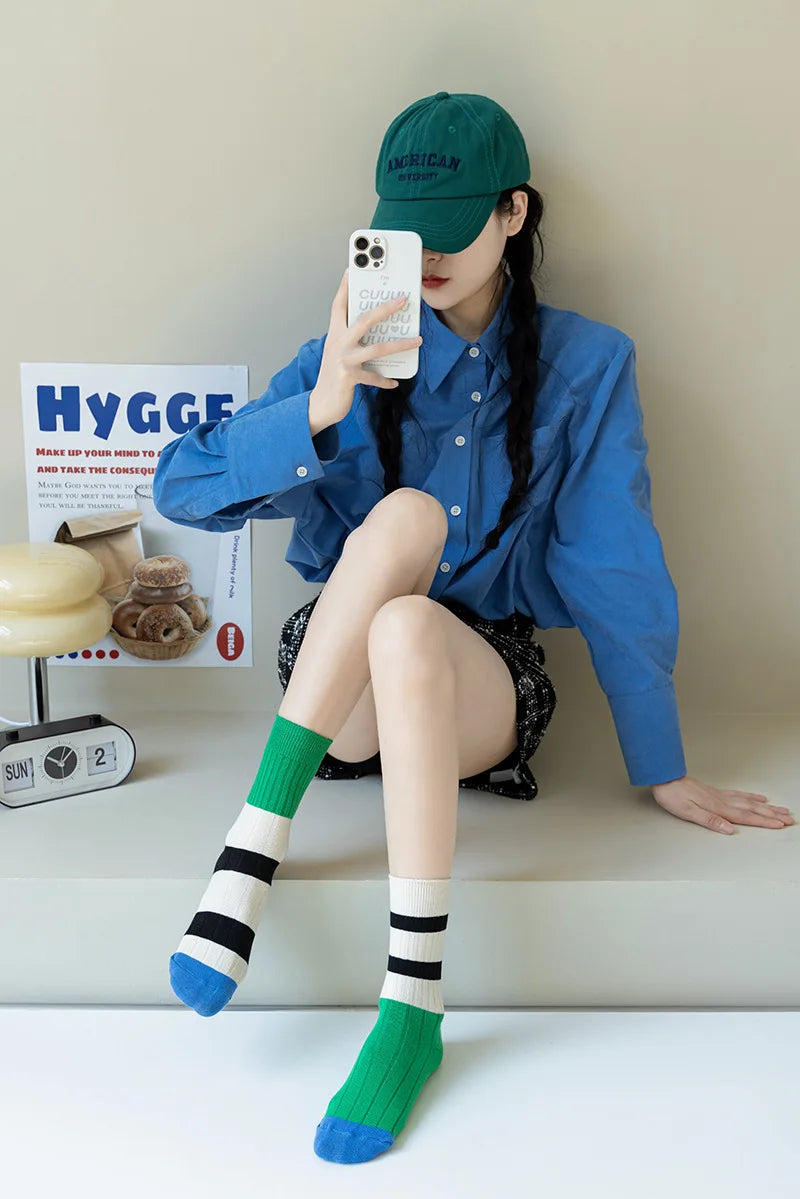 Striped Cotton Middle Tube Casual Socks - 19