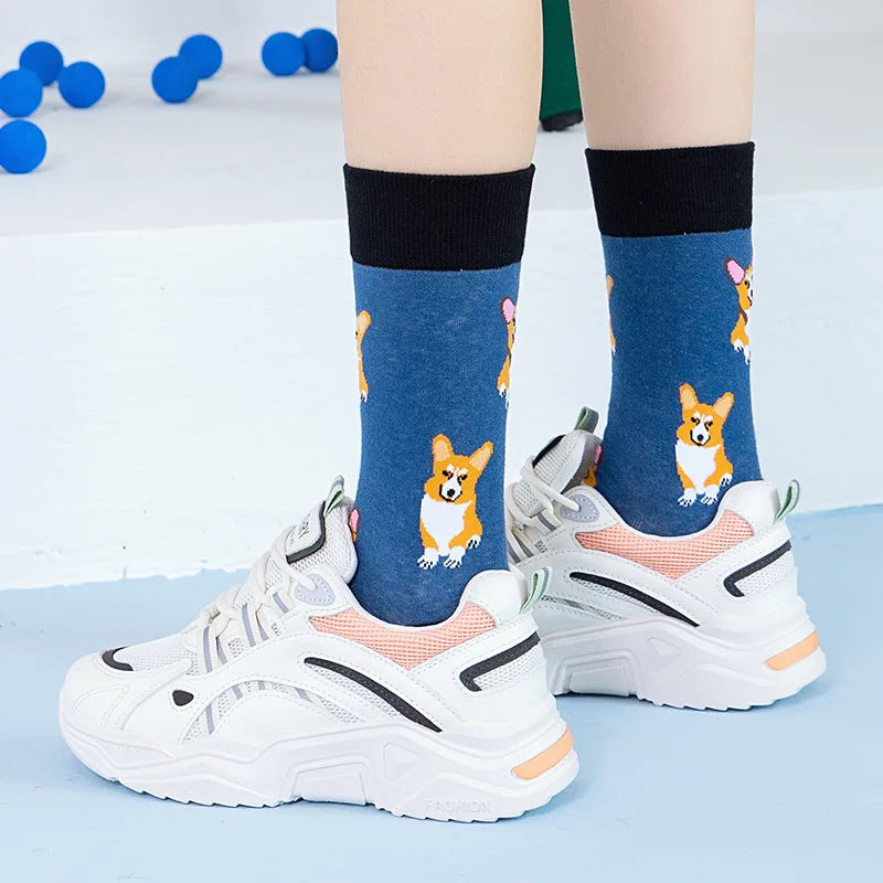 Cotton Blend Corgi Pattern Crew Socks