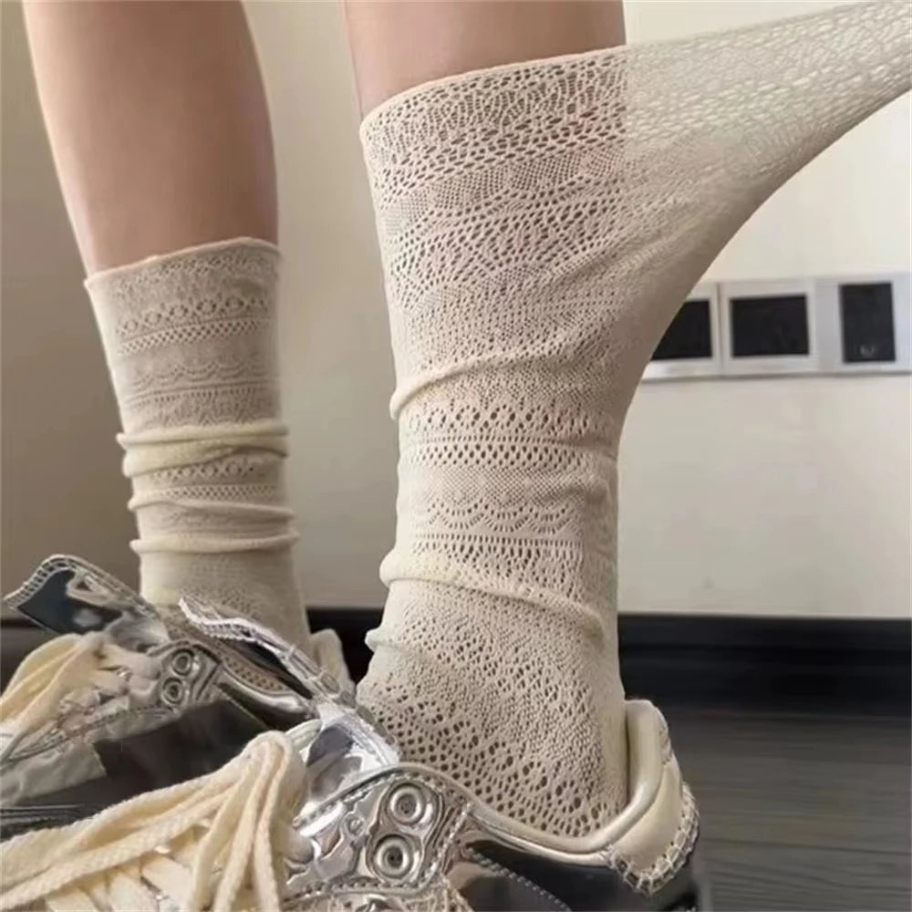 Polyester Lace Hollow Out Mid Calf Socks