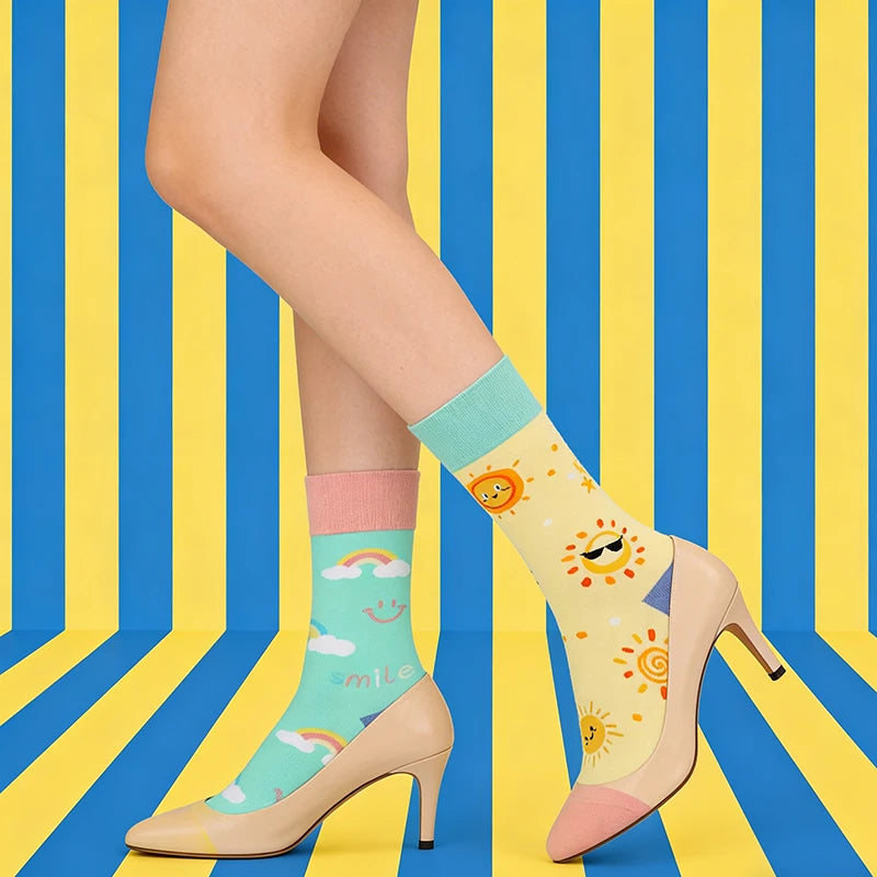 Cotton Blend Sun and Rainbow Print Mid Tube Casual Socks