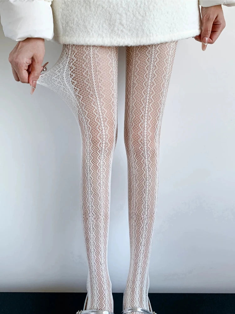 Nylon Elastane Jacquard Mesh Vertical Striped Tights