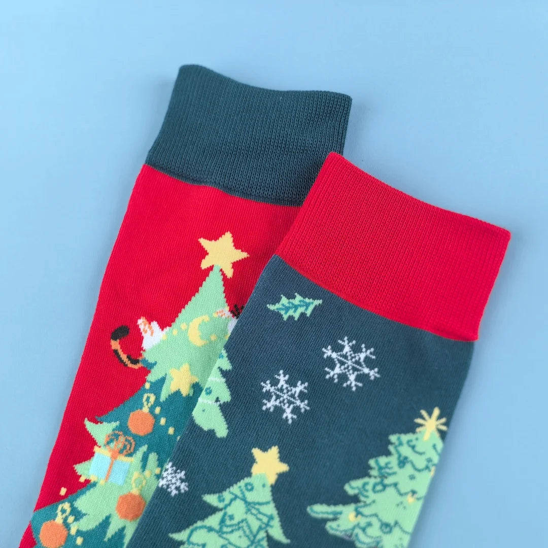 Cotton Blend Christmas Tree Print Mid Calf Socks - 5