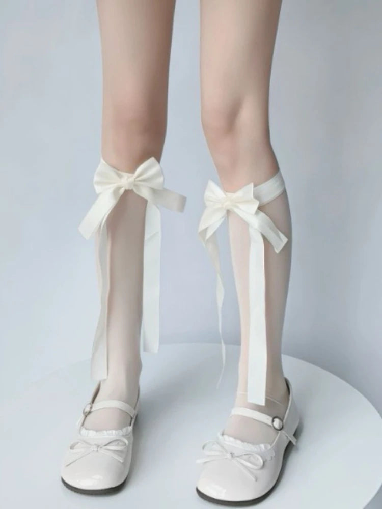 Satin Bowknot Nylon Knee High Socks - 5