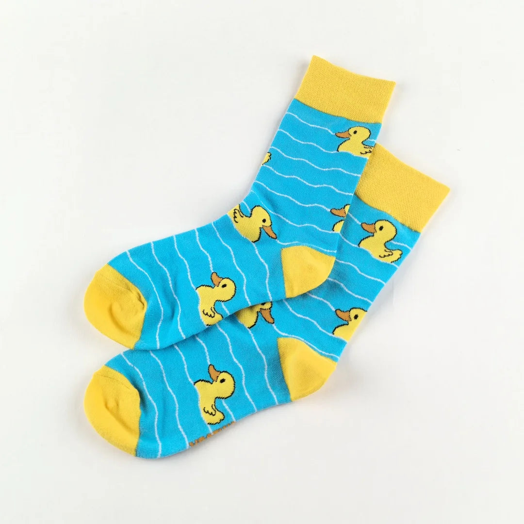 Polyester Elastane Yellow Duck Pattern Mid Calf Socks