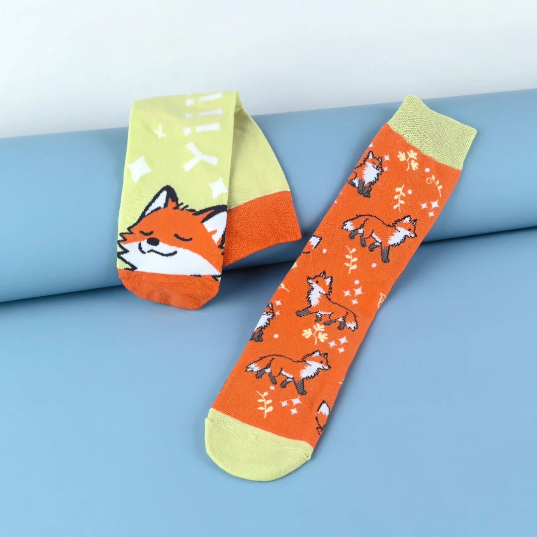 Cotton Blend Fox Pattern Mid Calf Socks - 5