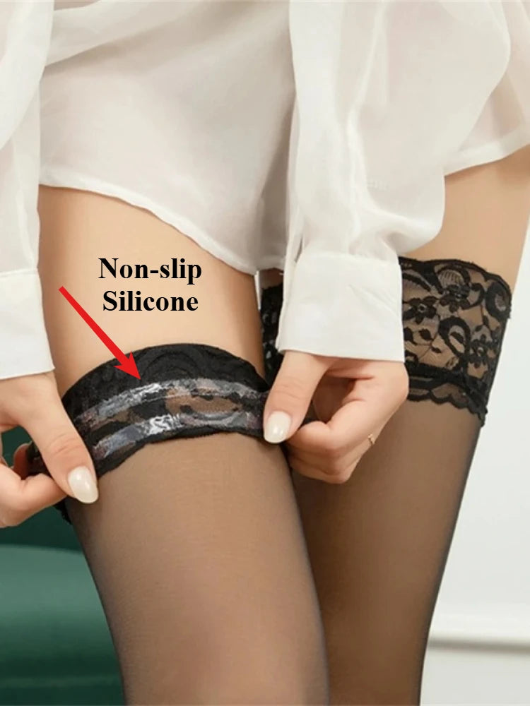 Black Lace Thigh High Stockings Silicone Non Slip Nylon
