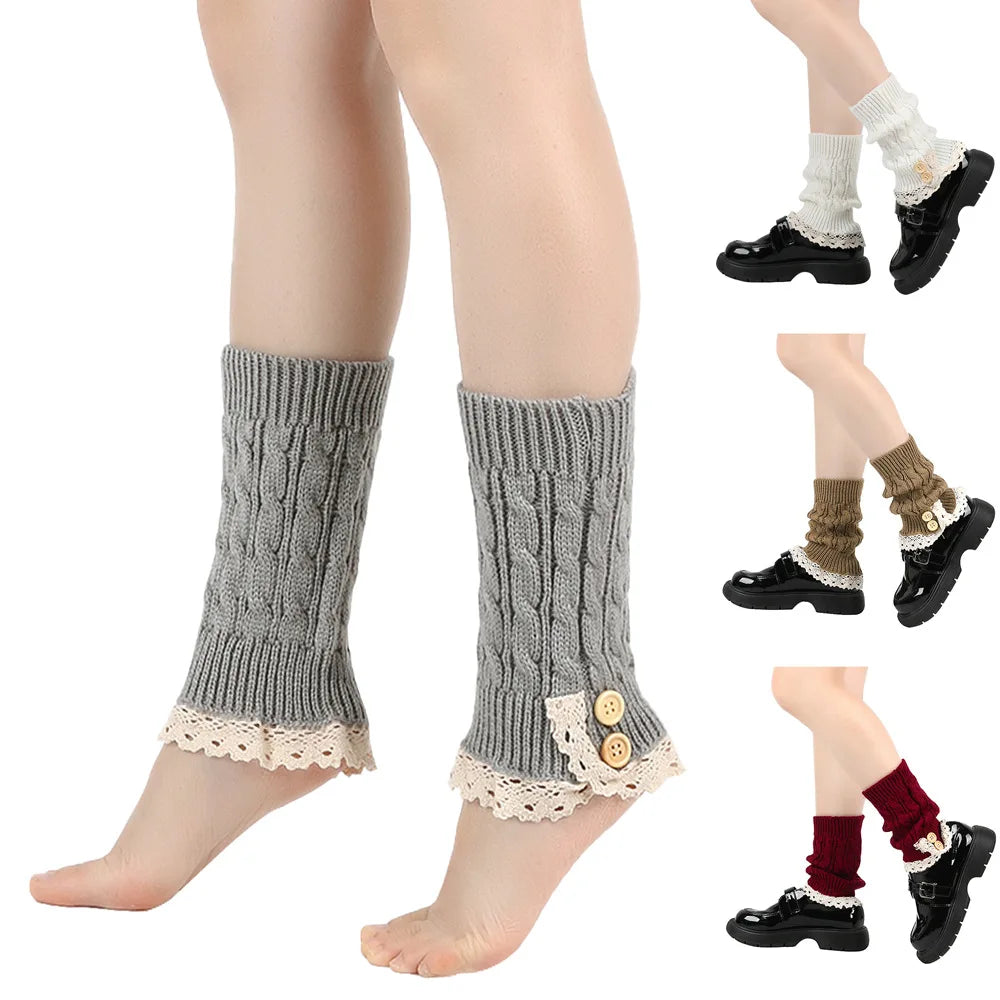 Polyester Elastane Knit Button Lace Leg Warmers - 1
