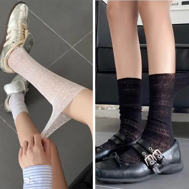 Polyester Floral Pattern Mesh Crew Socks - 18