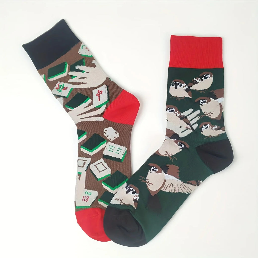Cotton Blend Mahjong Sparrow Print Mid Calf Casual Socks