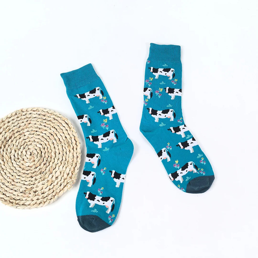 Cotton Blend Cow Pattern Unisex Crew Socks