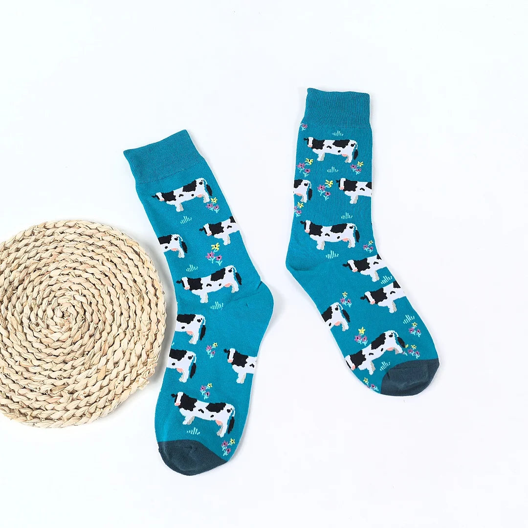 Cotton Blend Cow Pattern Unisex Crew Socks