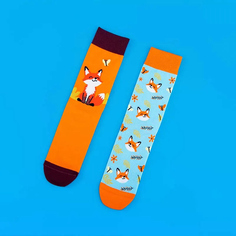 Fox Print Cotton Blend Asymmetric Casual Middle Tube Socks - 5