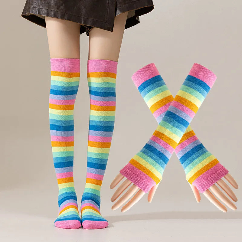 Striped Polyester Thigh High Socks and Arm Warmer Set - 7