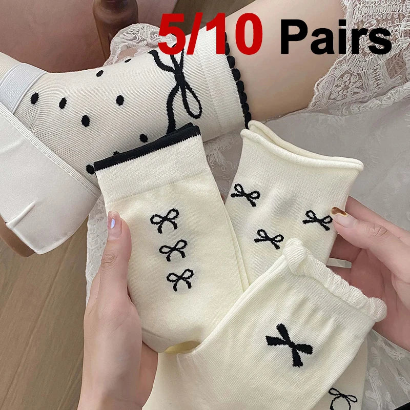 Polyester Elastane Bow Tie Casual Middle Tube Socks