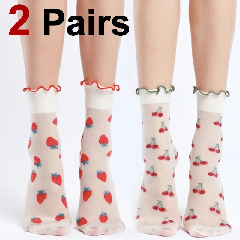 Nylon Spandex Fruit Print Lettuce Edge Mid Tube Socks