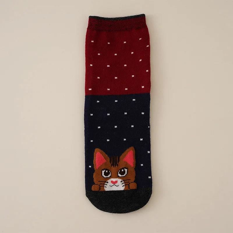 Cotton Blend Cat Pattern Casual Crew Socks for Women - 9
