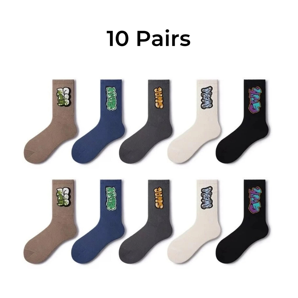 Polyester Elastane Crew Socks Graffiti Pattern Men