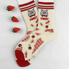 Cotton Blend Cat and Cherry Print Mid Calf Socks