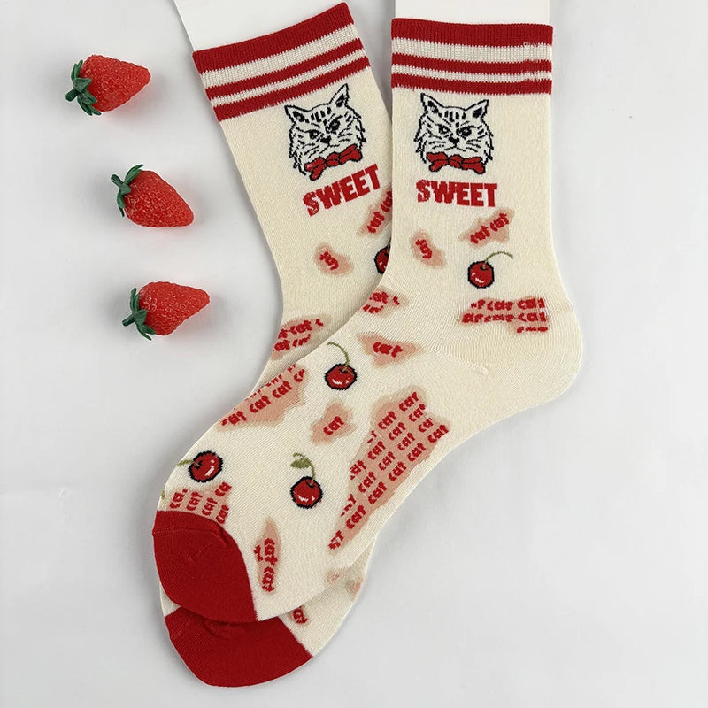 Cotton Blend Cat and Cherry Print Mid Calf Socks