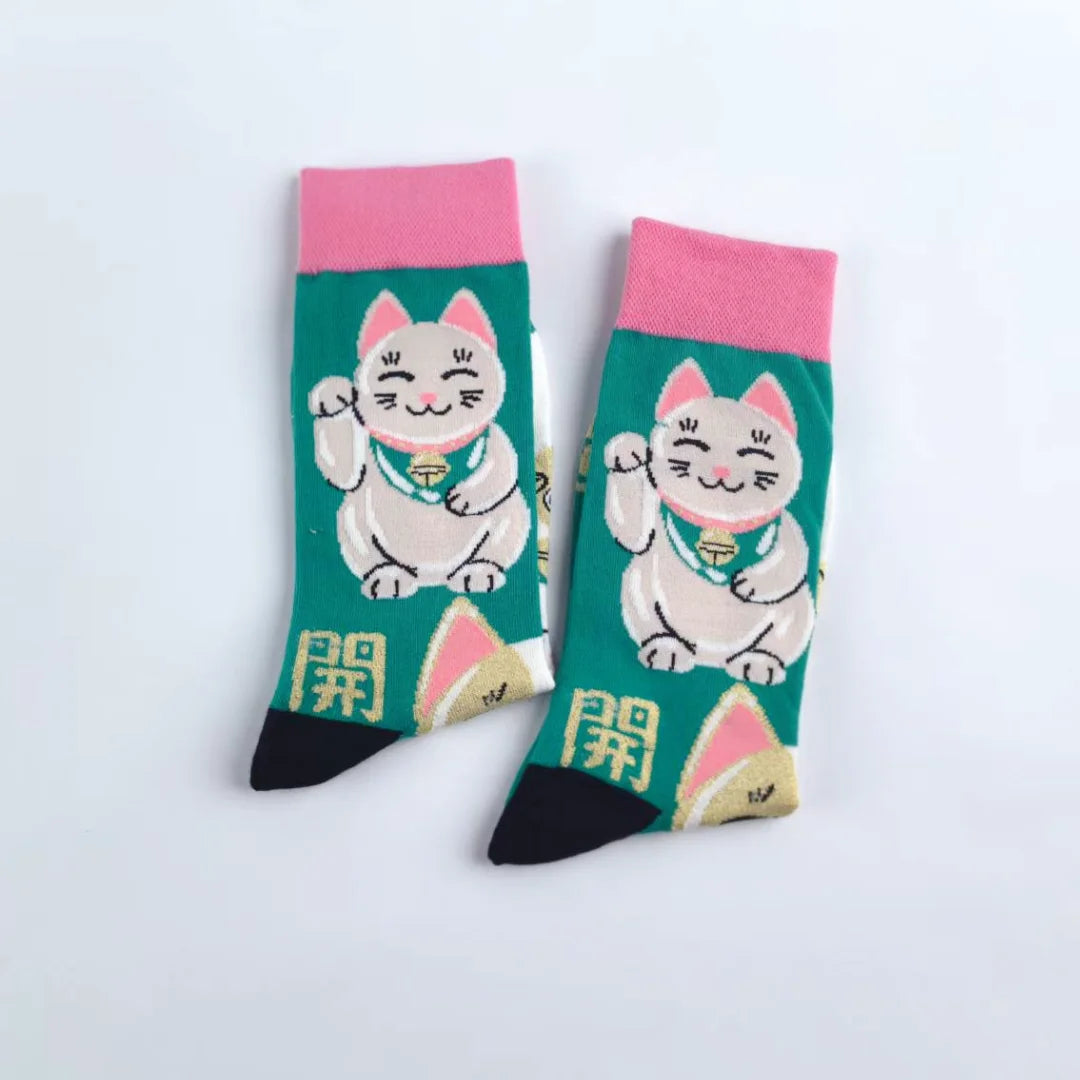 Lucky Cat Cotton Crew Socks Unisex Mid Calf Casual Hosiery