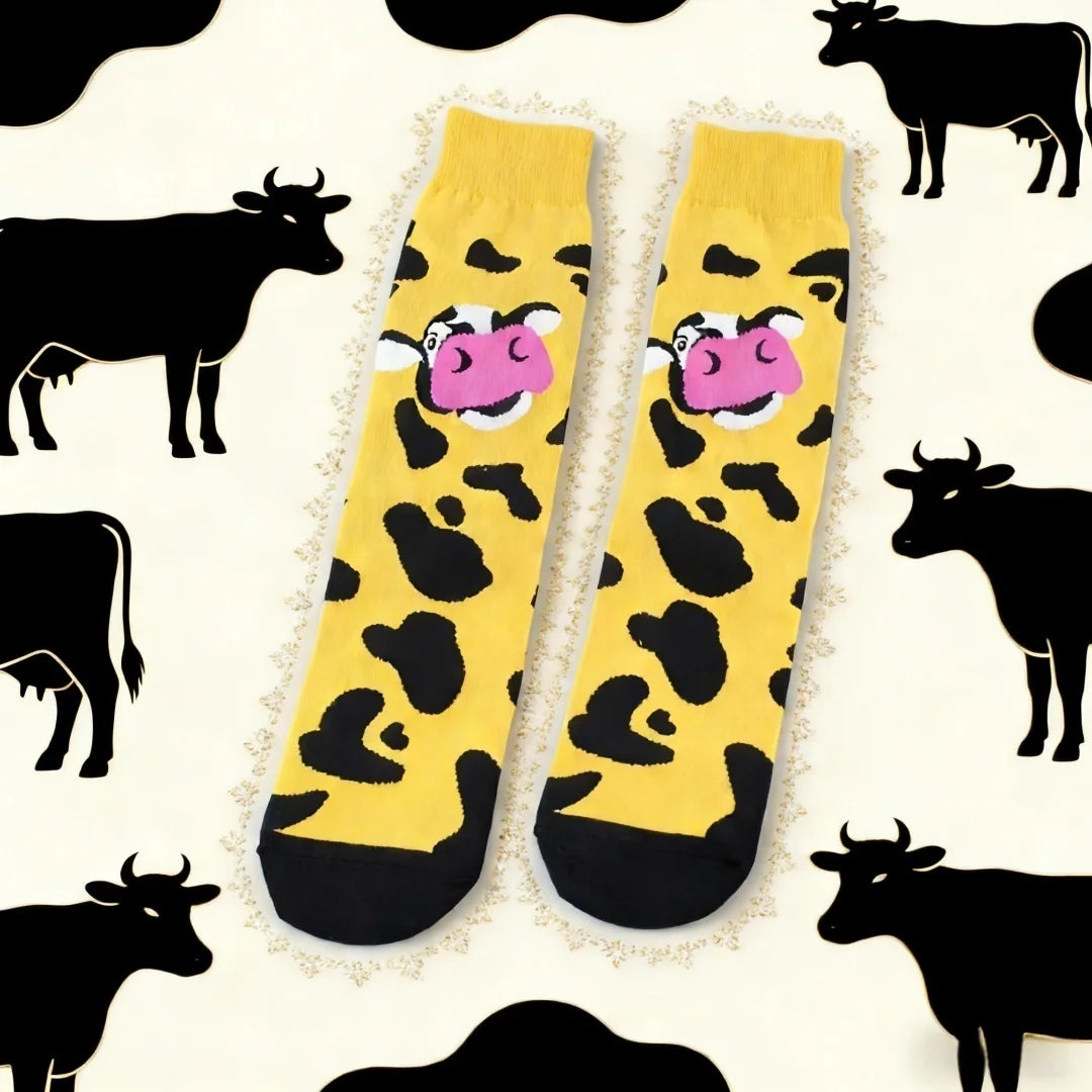 Cotton Blend Cow Print Casual Crew Socks - 1