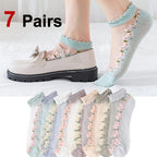 Floral Print Polyester Elastane Low Tube Casual Socks 7 Pairs