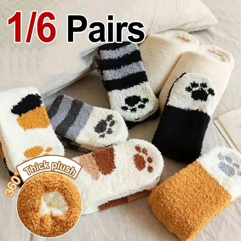Polyester Elastane Cat Paw Pattern Mid Tube Thick Winter Socks