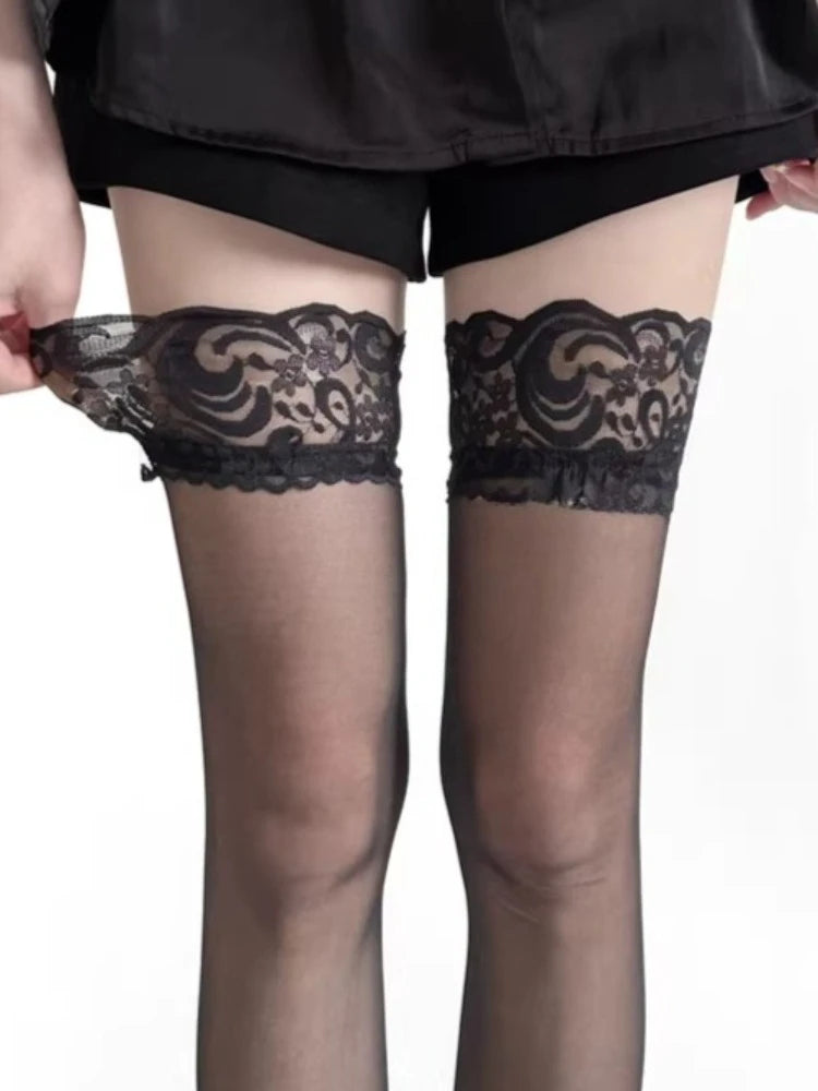 Black Lace Thigh High Stockings Silicone Non Slip Nylon