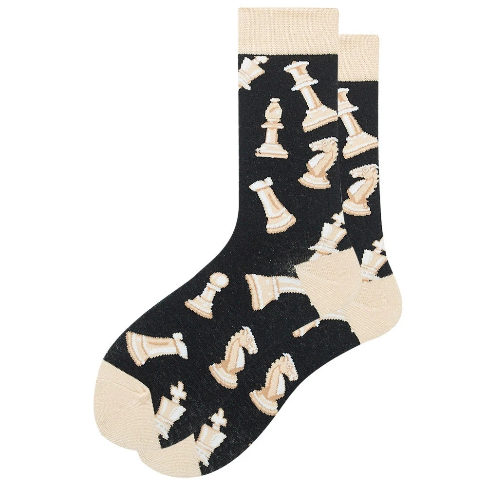Polyester Blend Crew Socks Dog and Chess Pattern