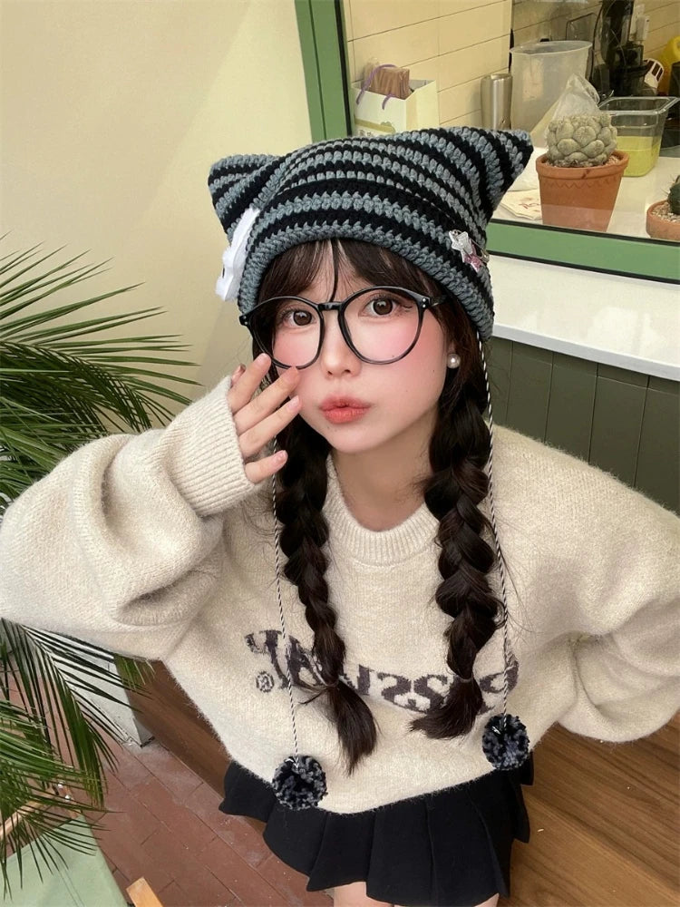 Polyester Knit Cat Ear Beanie Hat with Star Decor - 8