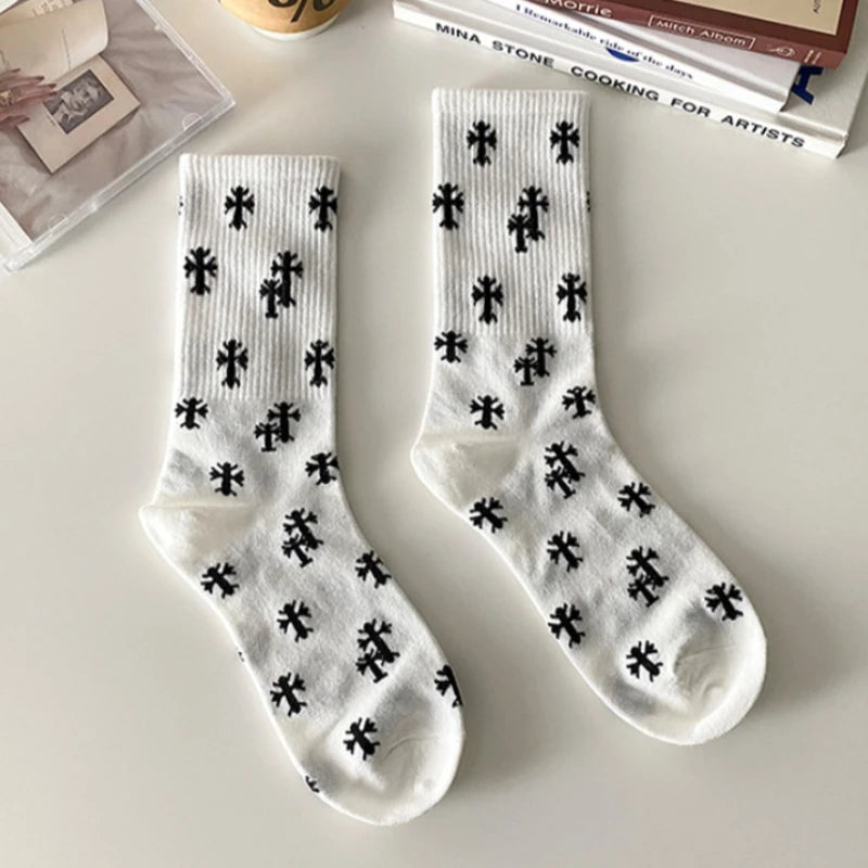 Cotton Cross Pattern Unisex Mid Tube Casual Socks