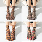 4 Pairs Womens Nylon Elastane Leopard Print Casual Socks