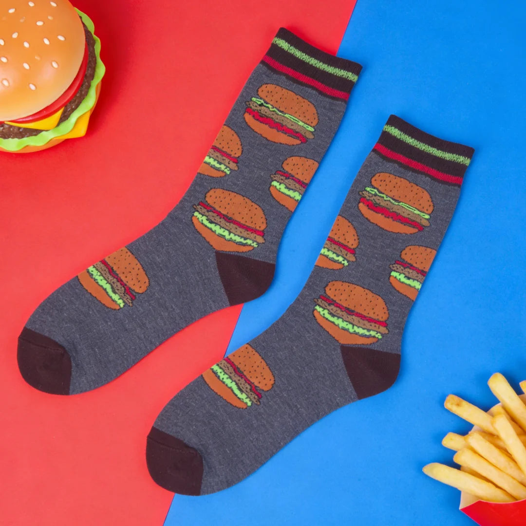 Cotton Blend Mid Calf Burger Print Unisex Socks - 4