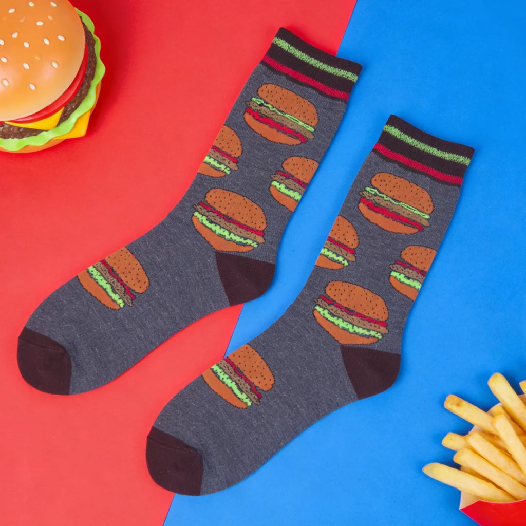Cotton Blend Mid Calf Burger Print Unisex Socks